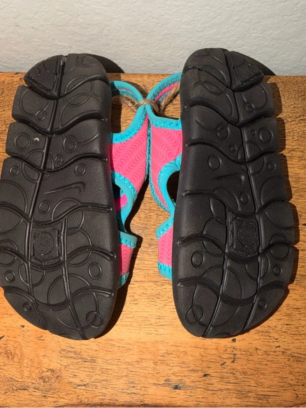 Nike Kids Teal and Hot Pink Velcro Sport Sandals with Yellow Swoosh